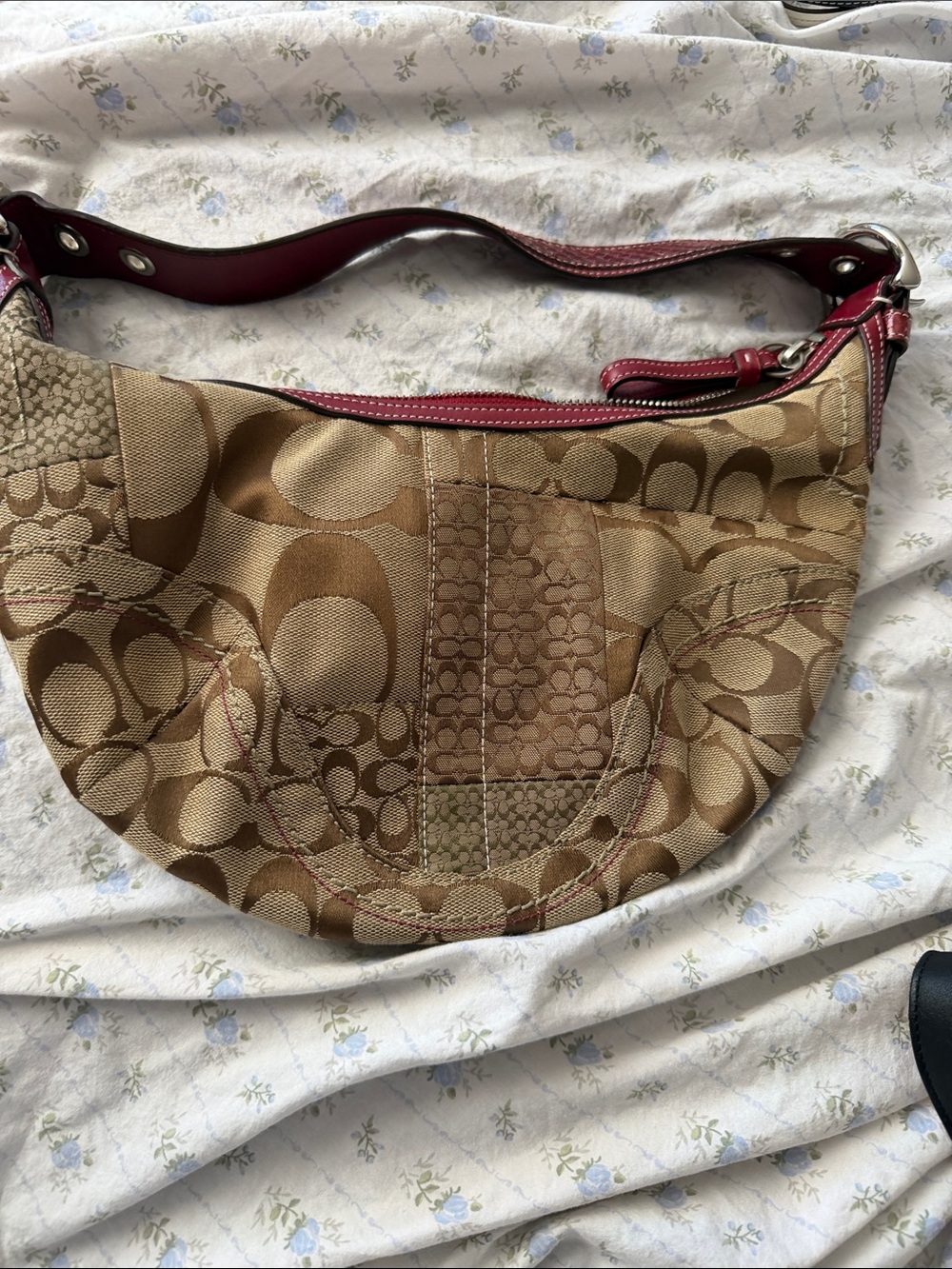 Coach Khaki Signature Shoulder Bag with Red Trim